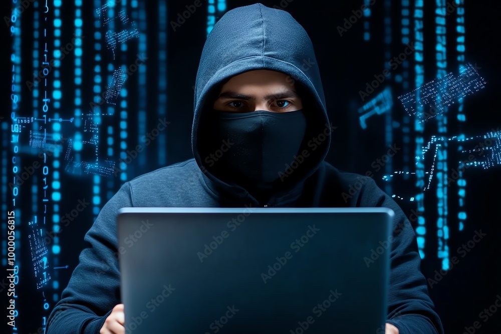Poster Anonymous hacker behind a mask, with a laptop in front of them, surrounded by floating lines of code and digital data streams, creating a sense of mystery and intrigue