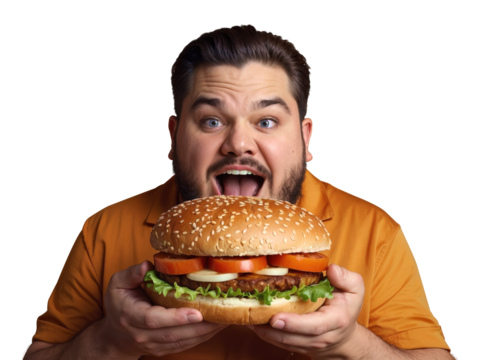 A fat man is opening his mouth wide to eat a big burger with joy and delight.