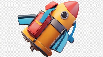 rocket school backpack flying 3d cartoon style isolate on transparency background PNG