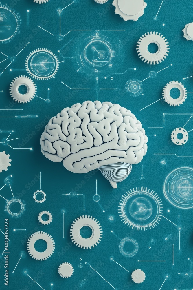 Poster creative representation of a brain interconnected with gears and mechanisms on a blue background