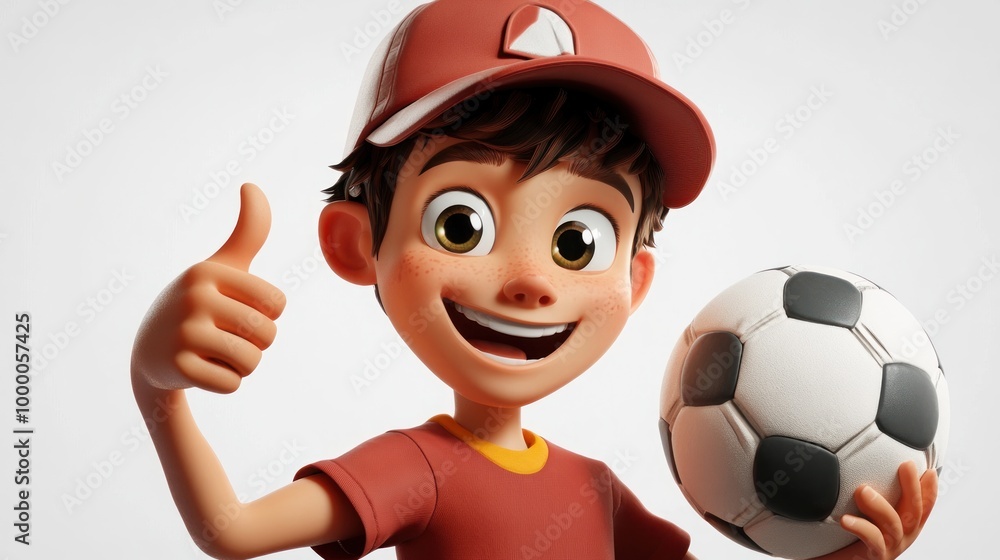 Canvas Prints A cheerful cartoon boy giving a thumbs up while holding a soccer ball.