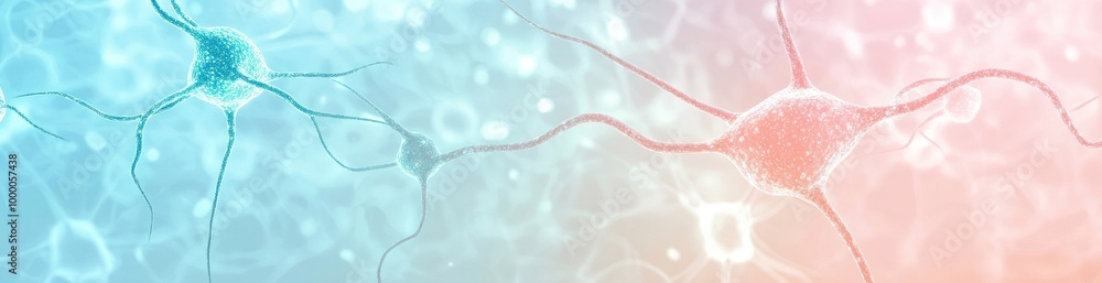 Poster abstract representation of neurons with a gradient background in blue and pink hues.