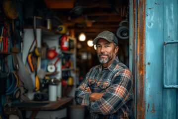 Dedicated male entrepreneur stands confidently by his workshop entrance, showcasing his business. The organized space reflects his hard work and passion for craftsmanship