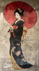 Ancient Japanese watercolour painting Edo period style. Geisha portrait.