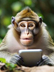 A monkey curiously interacting with a smartphone, highlighting the intriguing encounter between wildlife and modern technology.