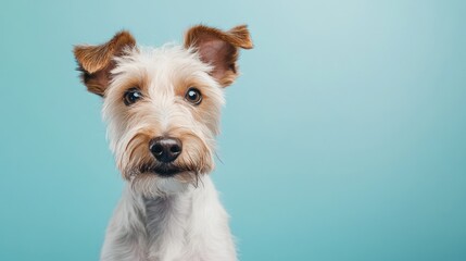 A close-up portrait of a dog against a light blue background.