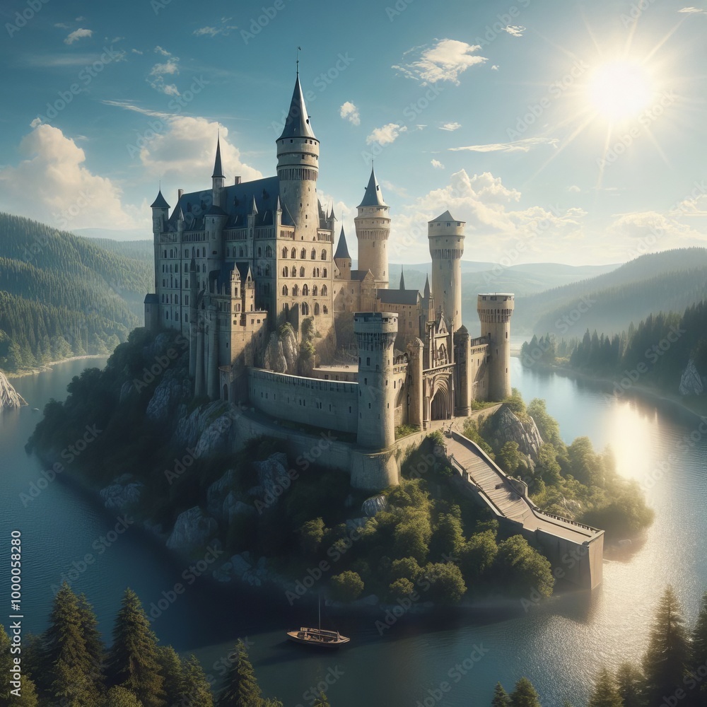 Poster stunning view of a large castle perched on a hilltop, surrounded by dense forests and a calm lake. t