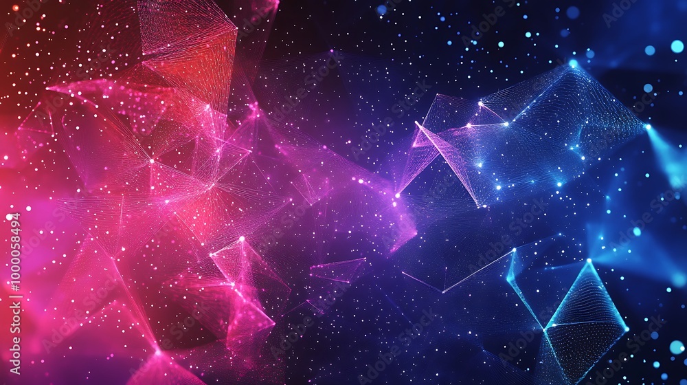 Poster abstract background with glowing geometric shapes in pink and blue colors.