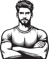 Caucasian handsome man keeping the arms crossed in frontal position vector illustration silhouette