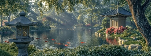 A serene garden scene with a pond, lantern, and traditional pavilion surrounded by lush greenery.