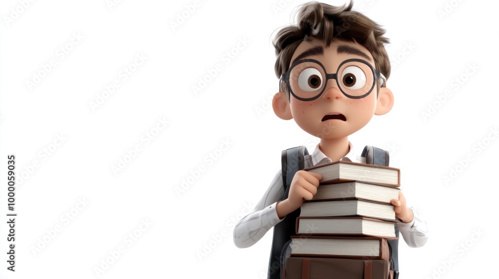 Poster A worried boy with glasses holding a stack of books, conveying a sense of concern.