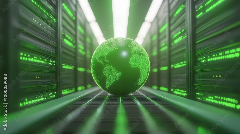 Aufkleber a green sphere with a globe on it is in a computer server room