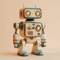 Fototapeta premium A vintage robot toy stands on a beige background, its eyes alight with curiosity.
