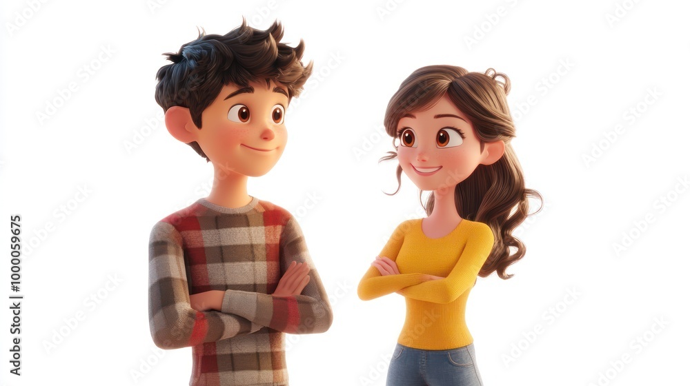 Poster two animated characters smiling and interacting in a friendly manner.