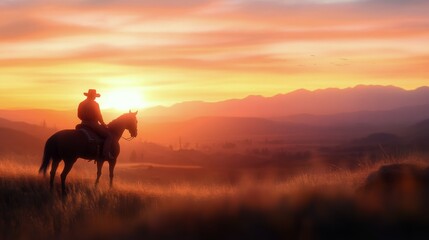 Silhouette of a cowboy on horseback against a vibrant sunset over misty mountains