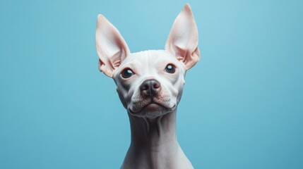 A close-up portrait of a white dog with large ears against a blue background.