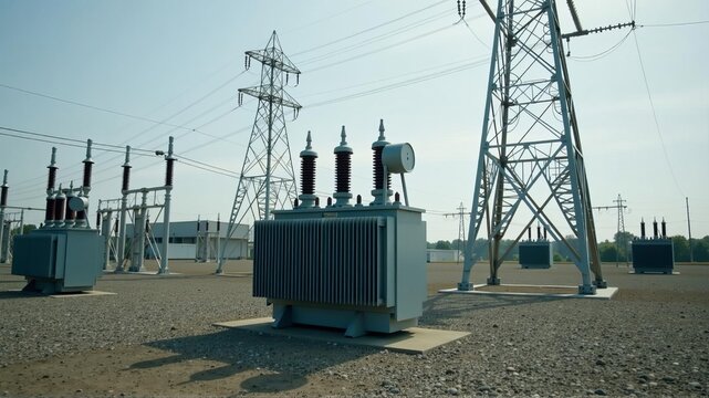 A transformer at an electrical substation. Transmission of electricity.