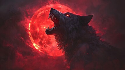 A howling wolf is framed against the blood-red moon, an image of nighttime power.