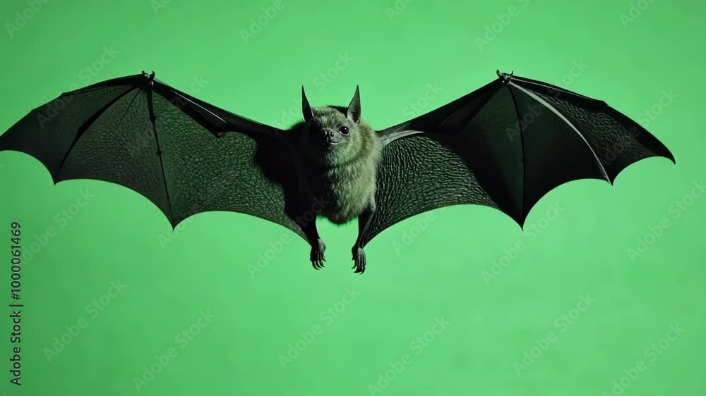 Poster realistic bat is flapping its wings while flying on a green screen background, perfect for visual ef