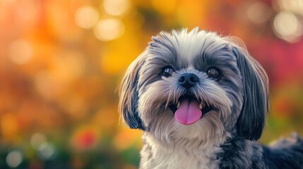 A cheerful dog with a playful expression against a colorful blurred background.