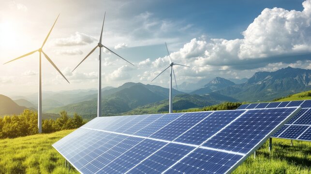 Renewable energy landscape featuring solar panels and wind turbines in a green mountainous area