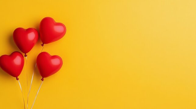 Bright yellow background with red heart-shaped balloons floating cheerfully together