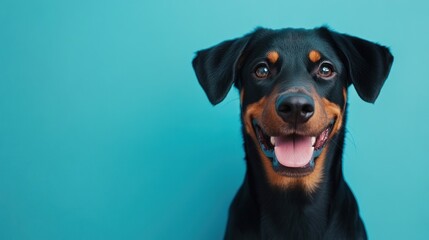 Obraz premium A happy black and tan dog smiling against a bright blue background.