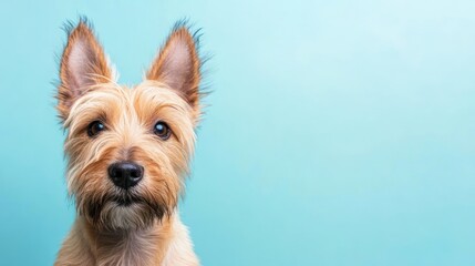 A close-up portrait of a dog against a light blue background.