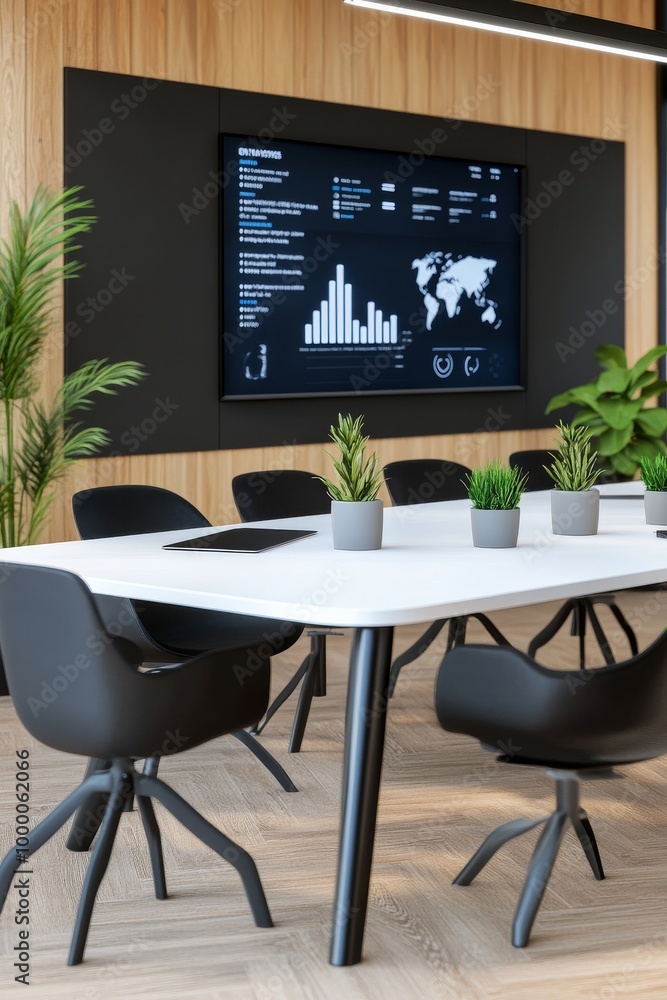 Poster modern office meeting room with plants and a large screen displaying data and graphics