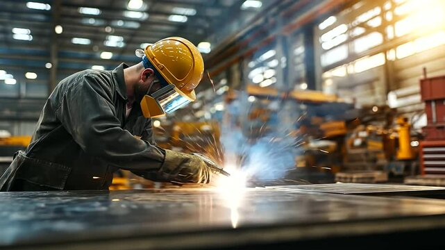 An industrial worker wearing a hard hat and safety goggles, welding metal in a factory, with sparks flying and a blurred background of machinery