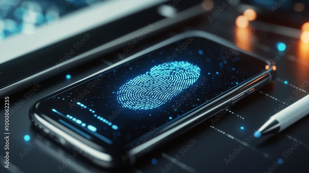 Poster close-up view of a smartphone displaying a blue fingerprint authentication graphic at night