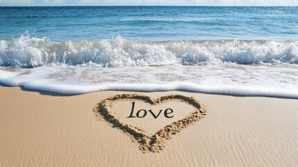 Heart-shaped love message written in sand near ocean waves on a sunny beach