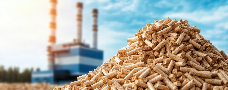 Industrial plant processing wood pellets for biomass energy, biomass fuel, eco-friendly industrial power