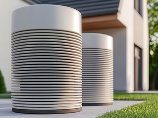 Obraz premium Conceptual image of geothermal heat pumps powering a residential neighborhood, geothermal energy, sustainable home heating