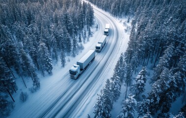 Trucks navigating a snowy, winding road through a forested landscape.