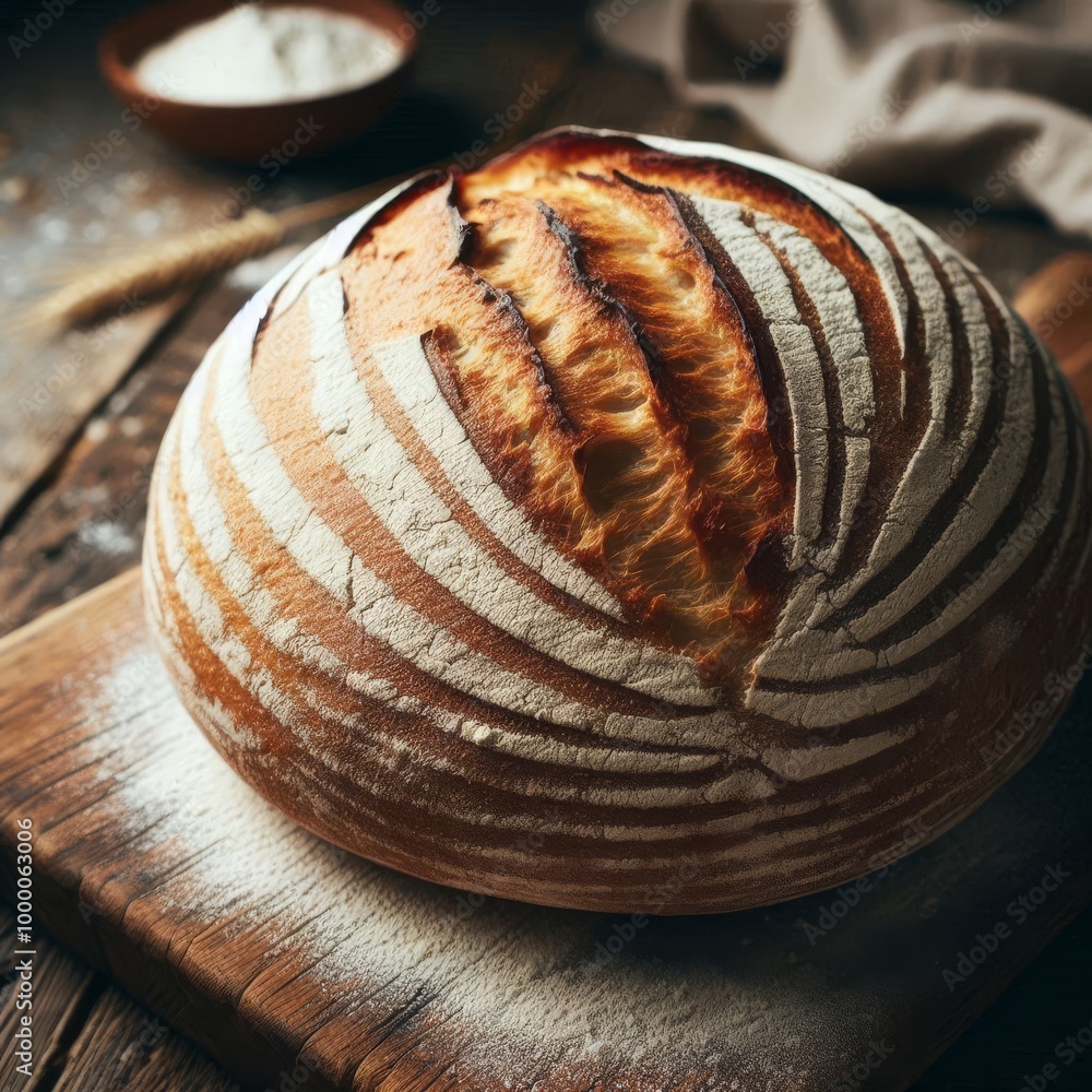 Poster close-up of a round artisan bread with detailed scoring pattern on a rustic wooden board. the golden