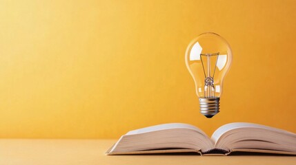 A floating light bulb above an open book against a vibrant yellow background