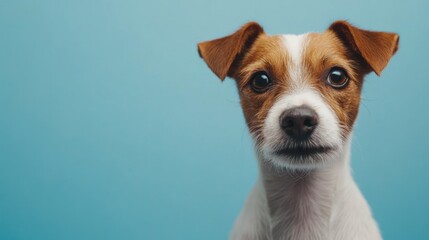 A close-up of a small dog with a brown and white coat against a blue background.