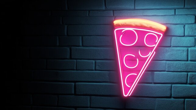 Neon pizza sign glowing on a brick wall at night creating a vibrant atmosphere