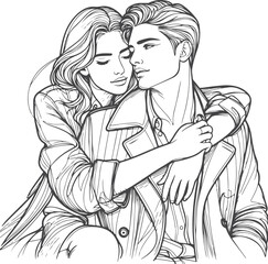 line art wedding husband wife, Mordan, kissing and romantic couple vector design.