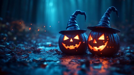 Fototapeta premium Glowing Jack-o'-Lanterns with Witch Hats in a Spooky Halloween Forest