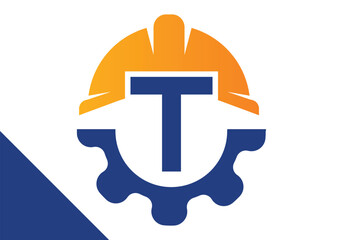Initial Letter T with Gear and Helmet. Gear engineer logo design vector