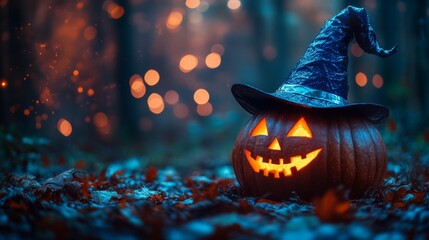 Glowing Jack-o'-Lanterns with Witch Hats in a Spooky Halloween Forest