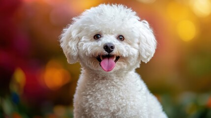 A cheerful white dog with curly fur and a playful expression against a colorful background.