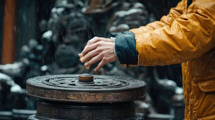 A close-up of an ornate prayer wheel being spun by a worshipper's hand, with the soft focus on the background of a temple wall covered in intricate carvings. The scene captures a moment of devotion