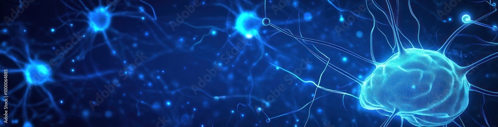 Poster abstract representation of neurons and synapses in a digital environment.