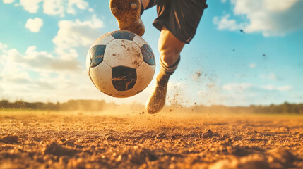 A soccer player executes a powerful kick, sending the ball soaring into the air. Dust rises from the dirt field under the striking sunlight, emphasizing the action