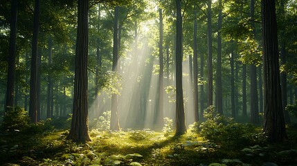 Fototapeta premium Serene Forest Bathed in Gentle Sunlight