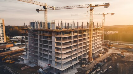 Naklejka premium Construction Site with Crane and Sunset Skyline