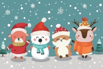 Cartoon animals near the Christmas tree are enjoying the snowfall. New Year and Christmas are coming soon
